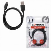 Кабель USB 2.0-Type-C, 1 м, SONNEN, медь, для передачи данных и зарядки, черный, 513117