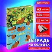 Тетрадь на кольцах А5 160х212 мм, 120 листов, картон, выборочный лак, клетка, BRAUBERG, "Капибары", 404731