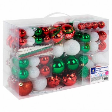 Шары ёлочные НАБОР 132 предмета "Red&Green", красный/зеленый/белый, пластик, ЗОЛОТАЯ СКАЗКА, 592180
